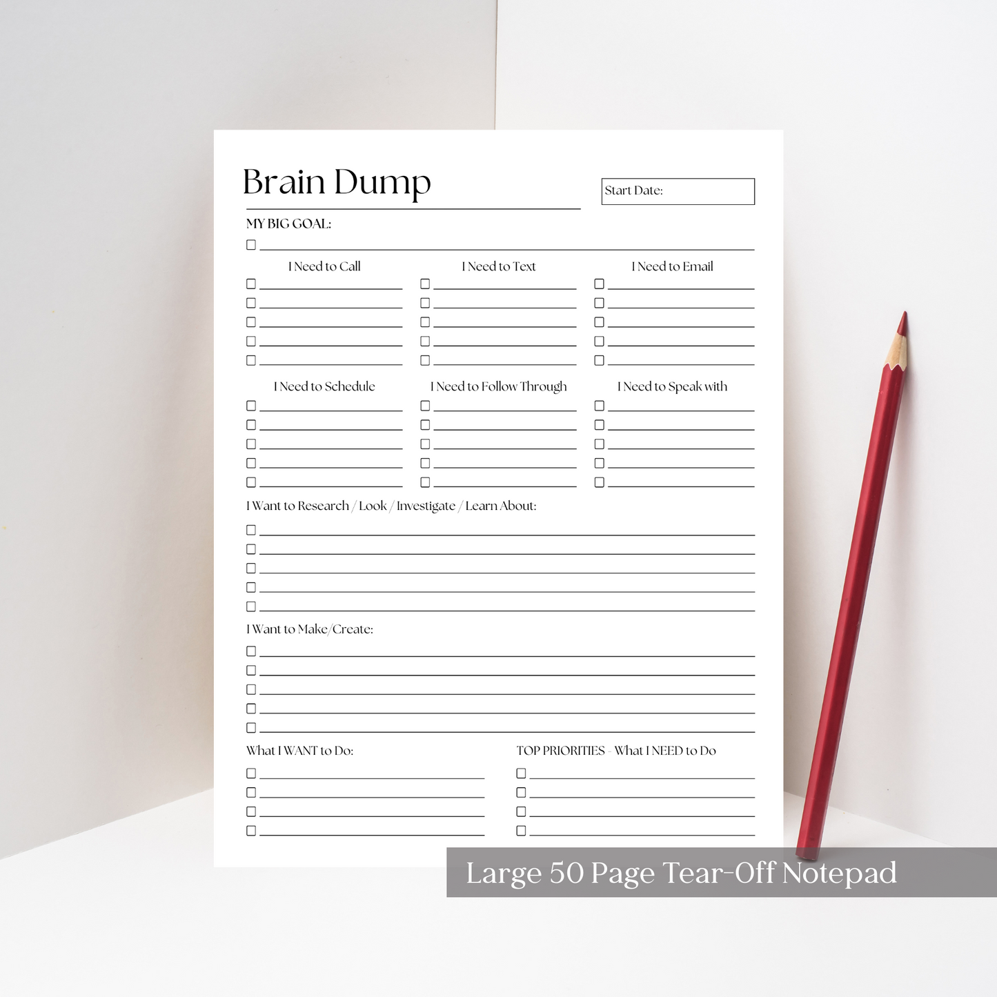Large Brain Dump Planner Notepad in B&W