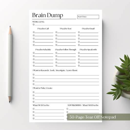 Brain Dump Planner Notepad in Black and White