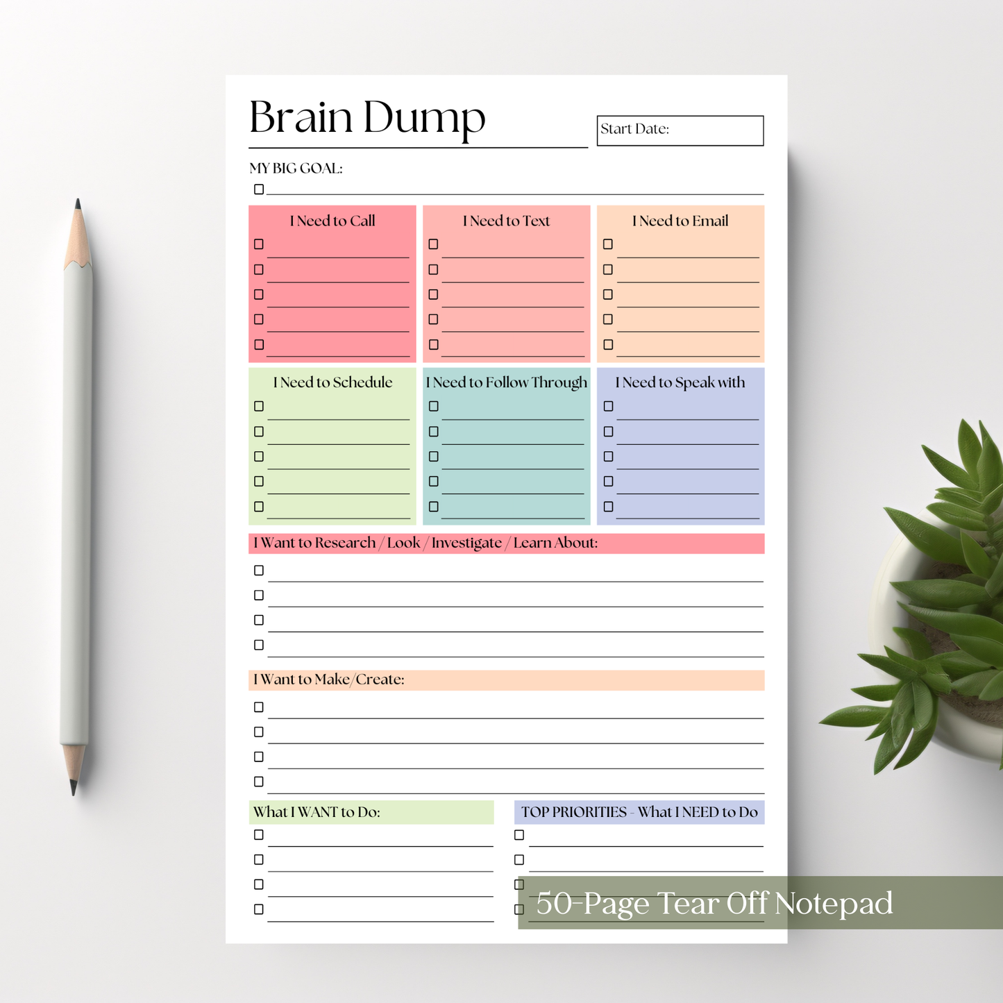Brain Dump Planner Notepad in Rainbow
