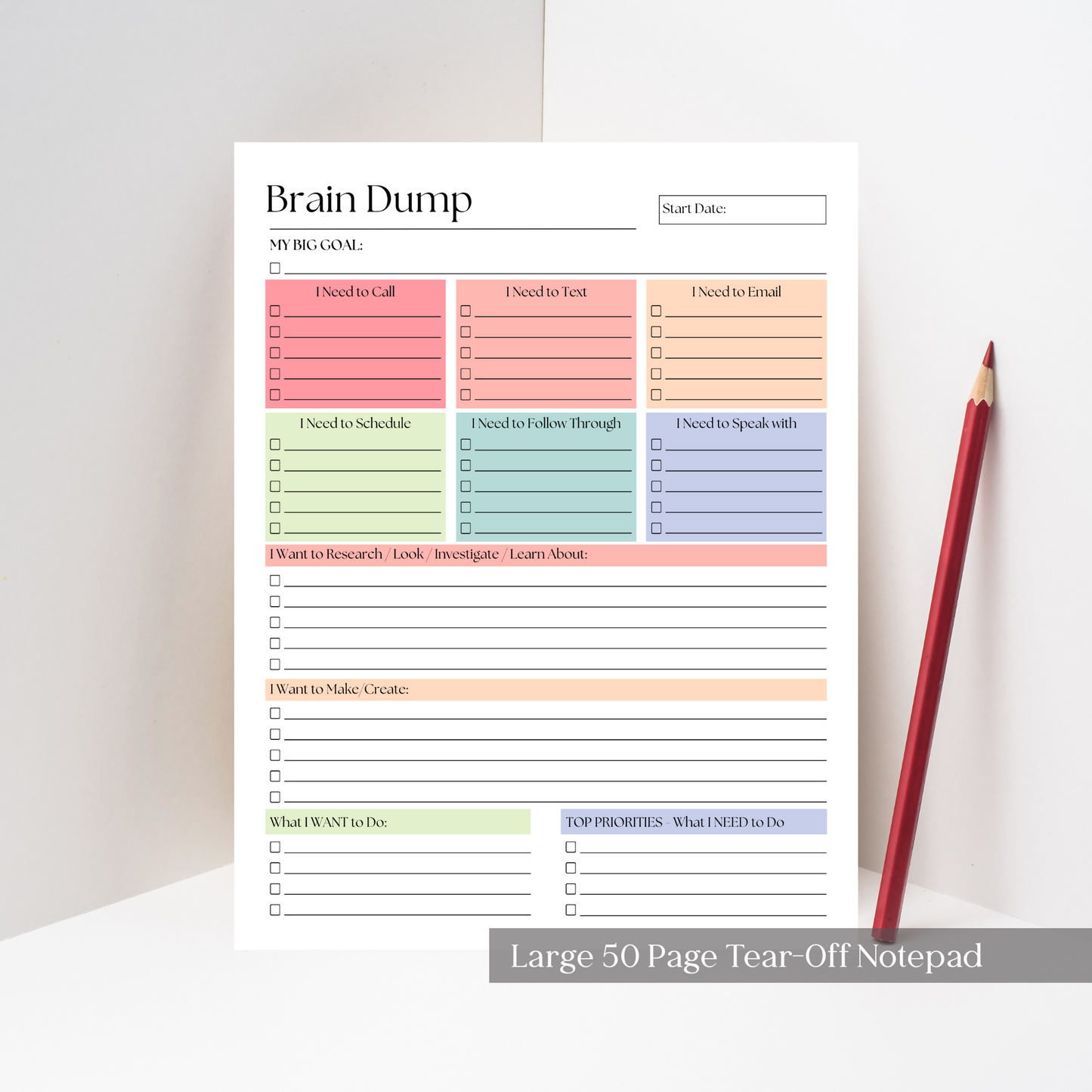 Large Brain Dump Planner Notepad in Rainbow