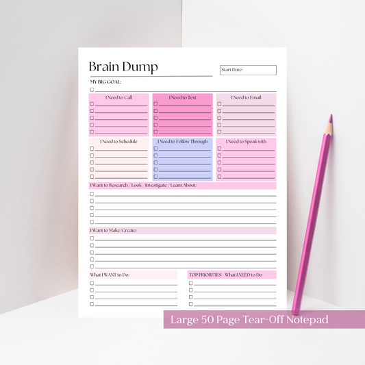 Large Brain Dump Planner Notepad in Pink
