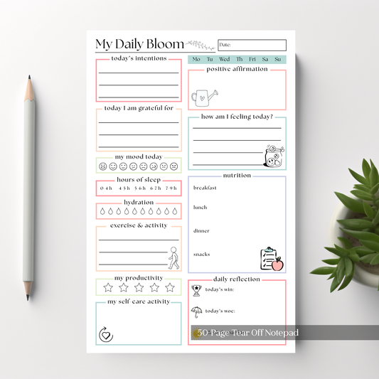 My Daily Bloom Self-Care Planner Notepad: 50 Page Tear Off Style Notepad