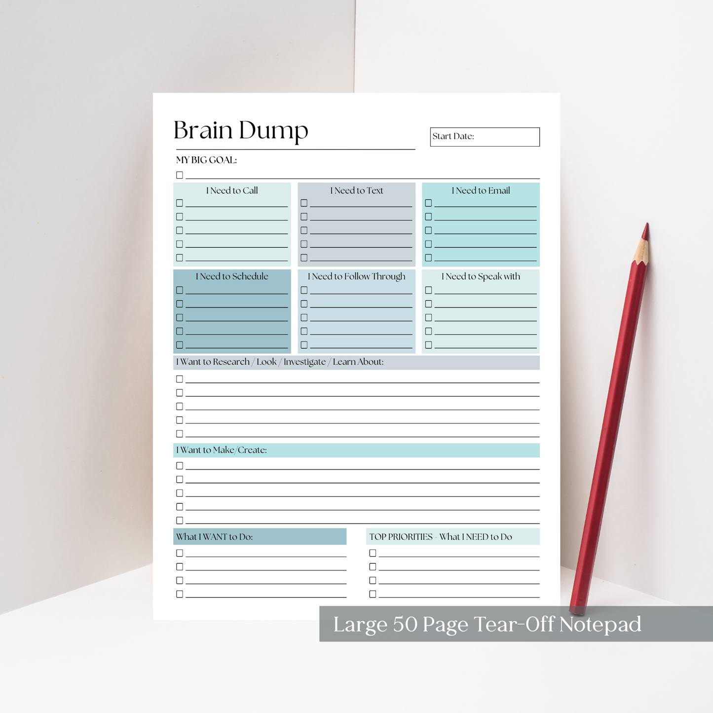 Large Brain Dump Planner Notepad in Blue