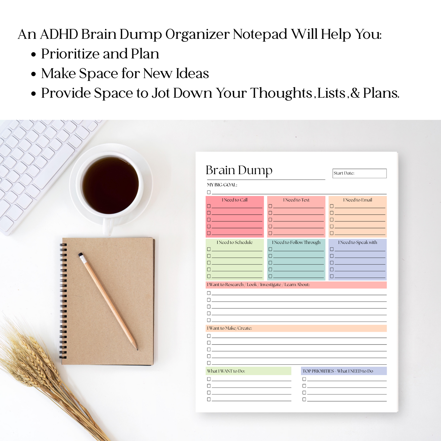 Large Brain Dump Planner Notepad in Rainbow
