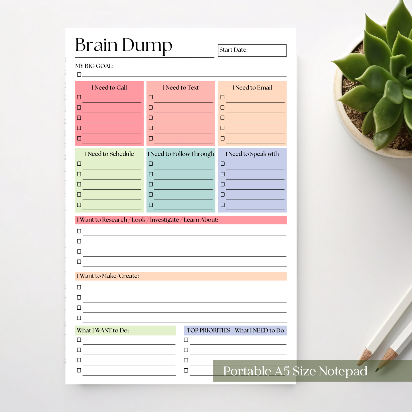 Brain Dump Planner Notepad in Rainbow
