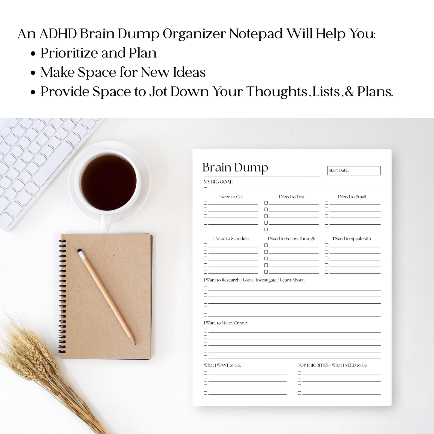 Large Brain Dump Planner Notepad in B&W