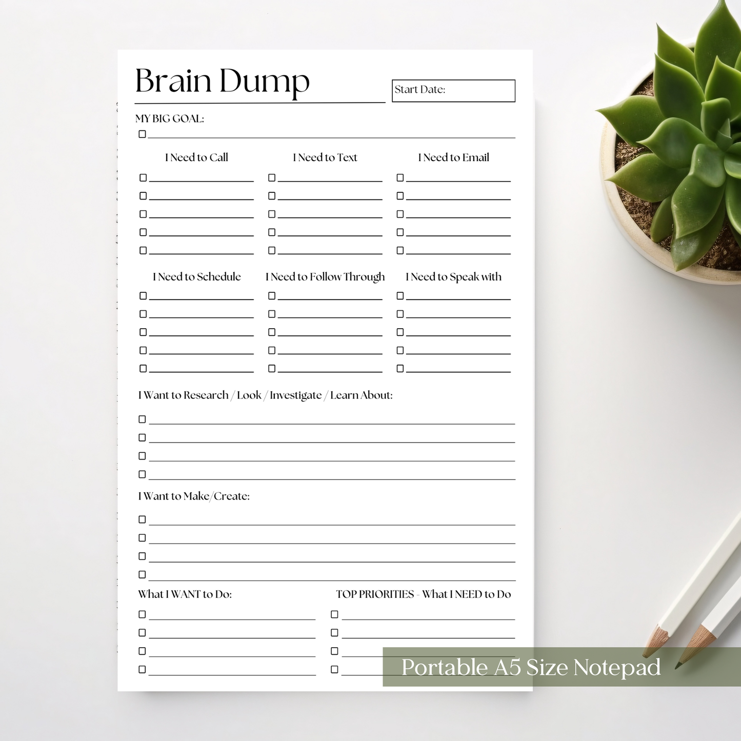 Brain Dump Planner Notepad in Black and White