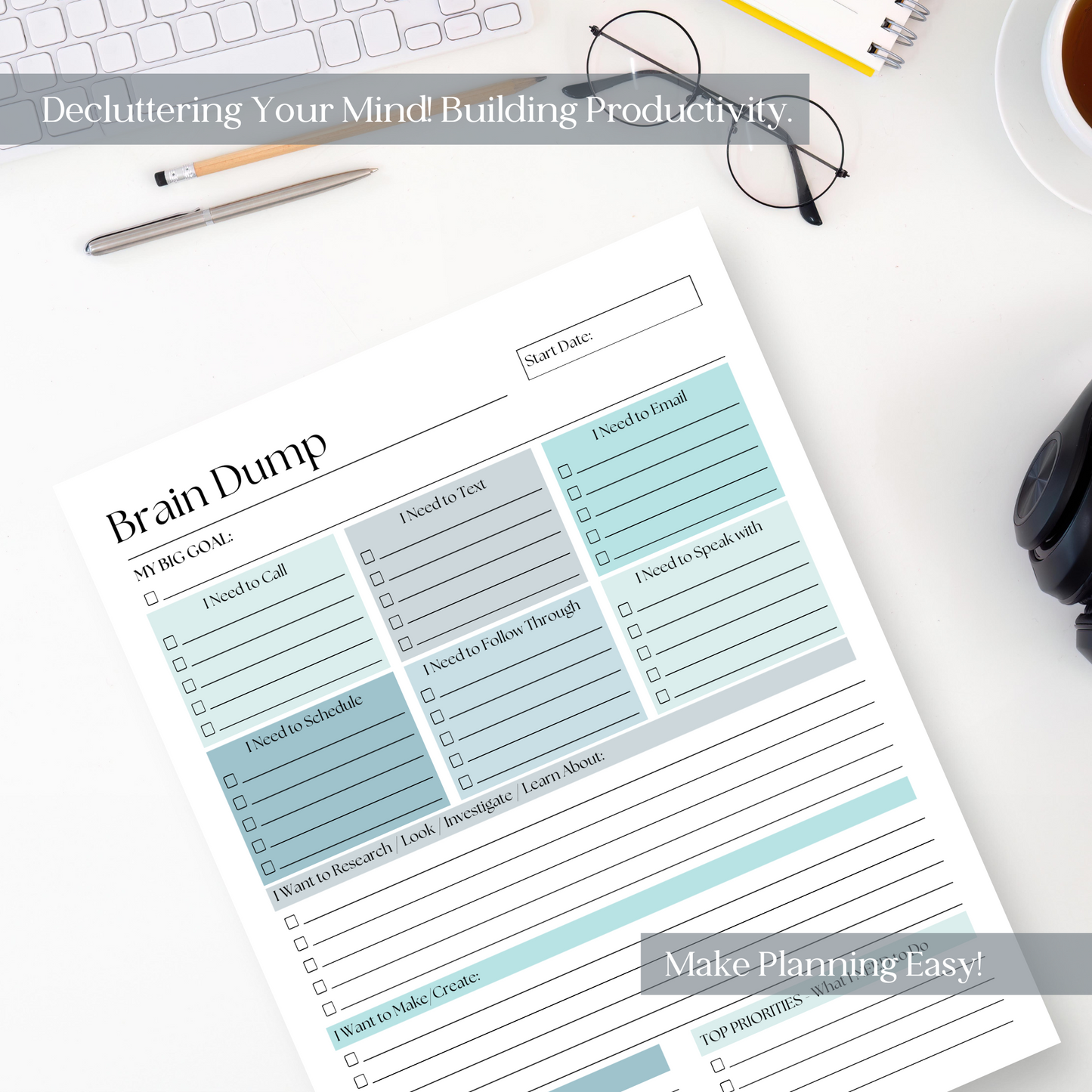 Large Brain Dump Planner Notepad in Blue