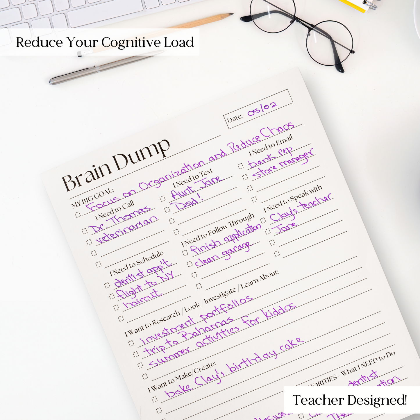Large Brain Dump Planner Notepad in B&W