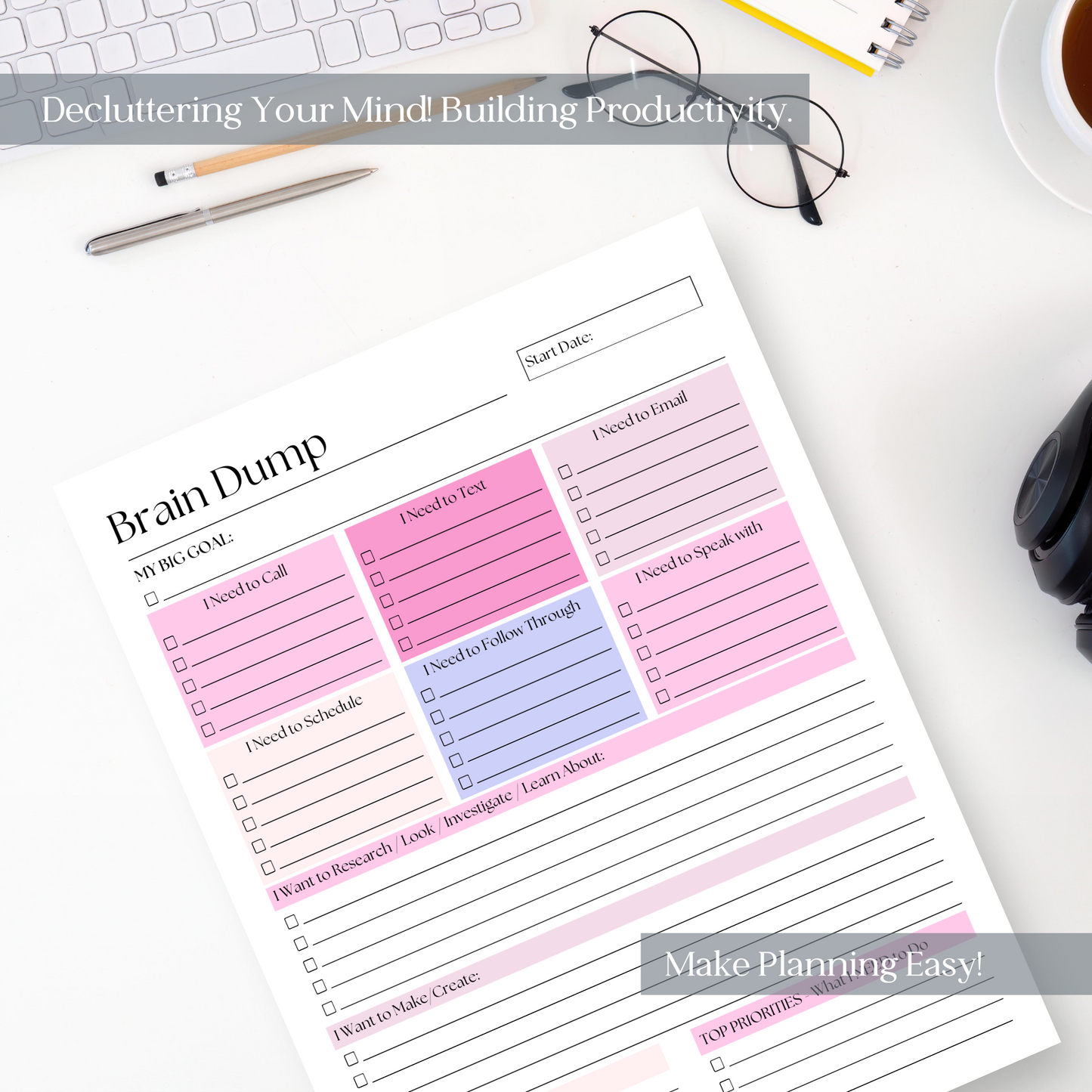 Large Brain Dump Planner Notepad in Pink