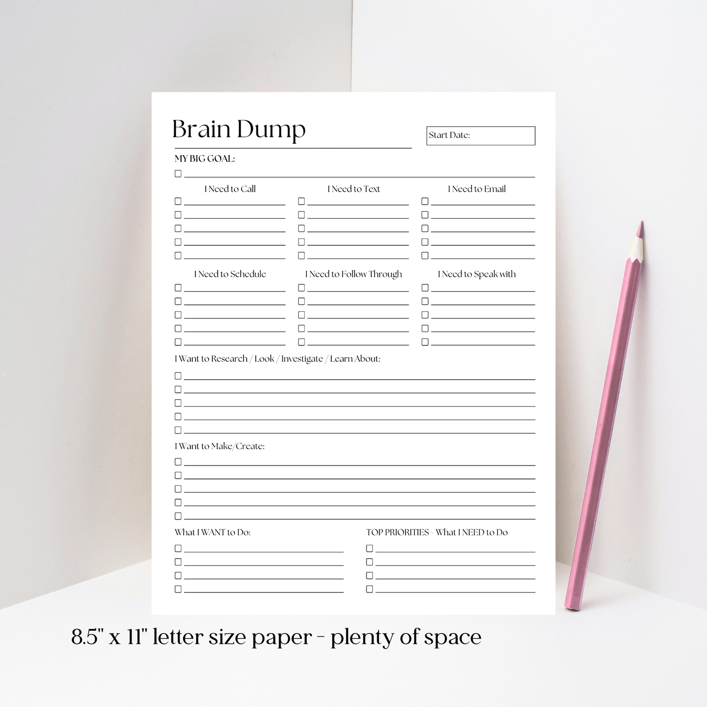 Large Brain Dump Planner Notepad in B&W