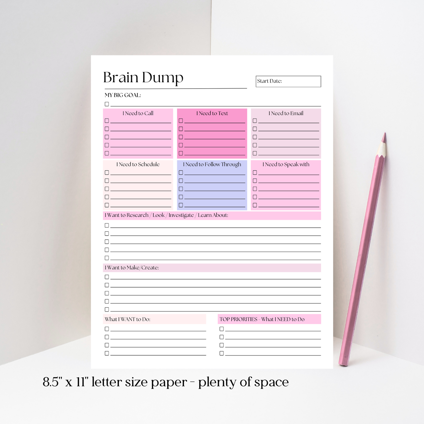 Large Brain Dump Planner Notepad in Pink