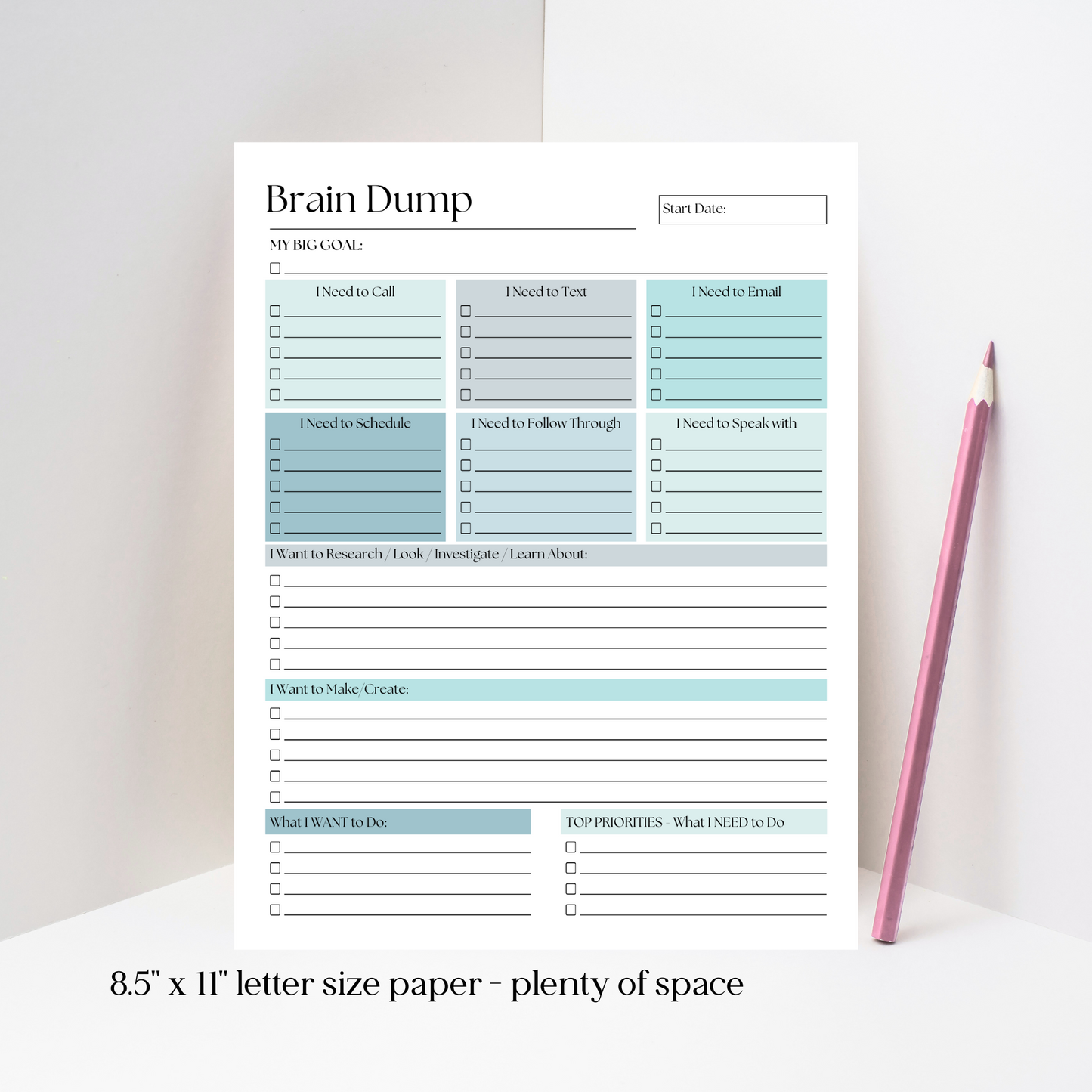 Large Brain Dump Planner Notepad in Blue