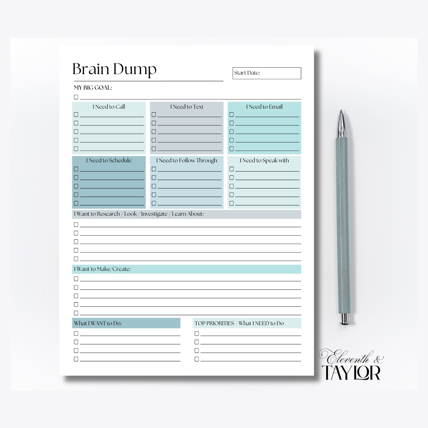 Large Brain Dump Planner Notepad in Blue