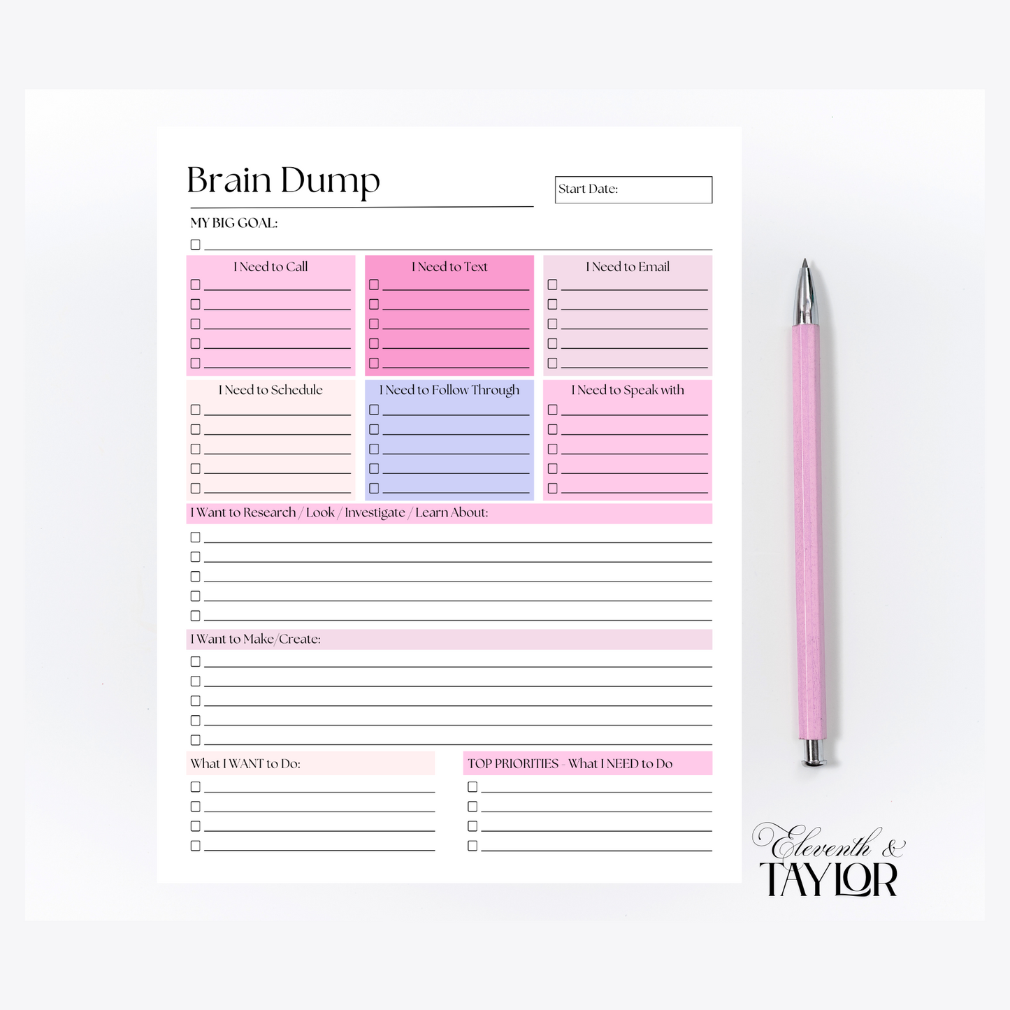 Large Brain Dump Planner Notepad in Pink