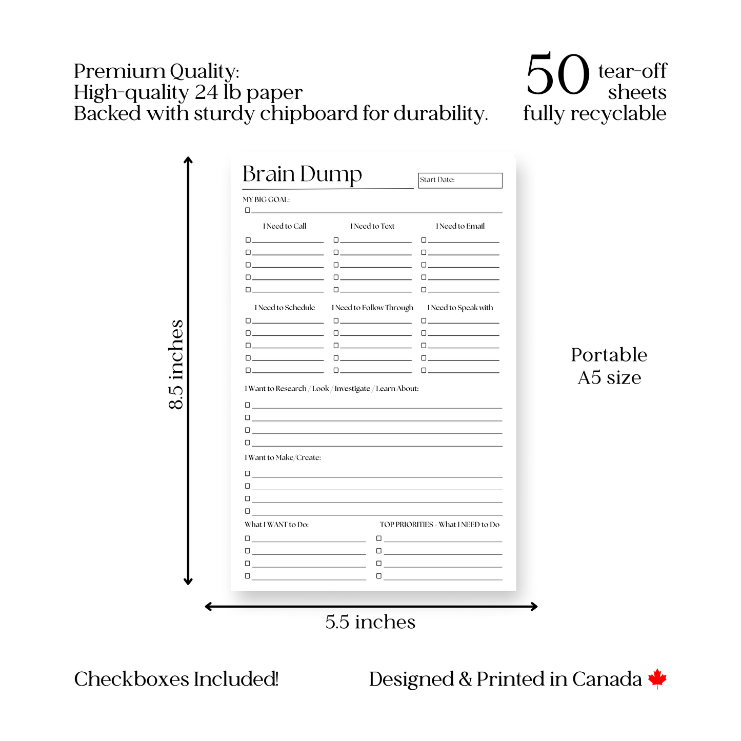 Brain Dump Planner Notepad in Black and White
