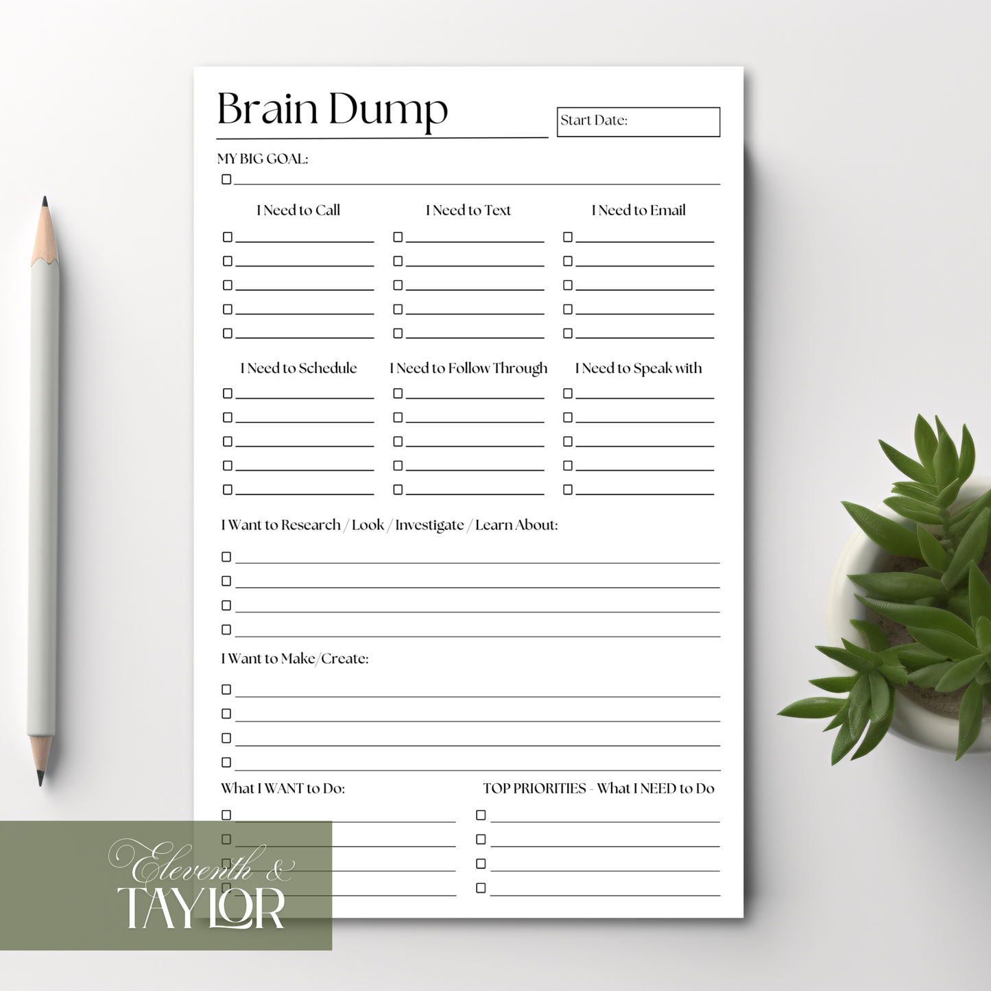 Brain Dump Planner Notepad in Black and White