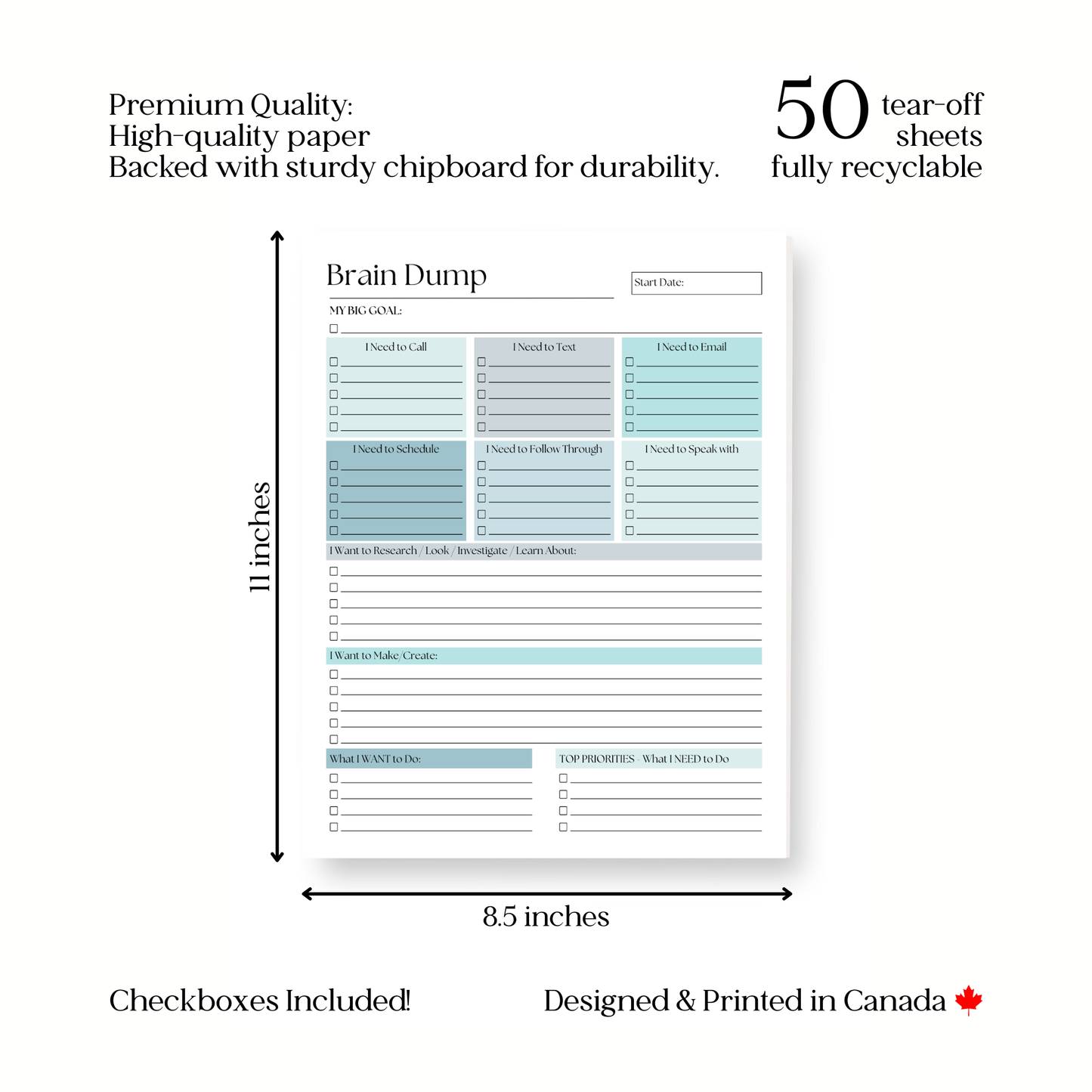 Large Brain Dump Planner Notepad in Blue