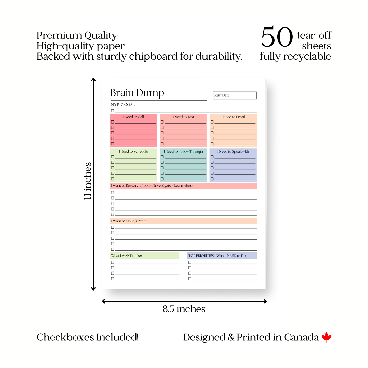Large Brain Dump Planner Notepad in Rainbow