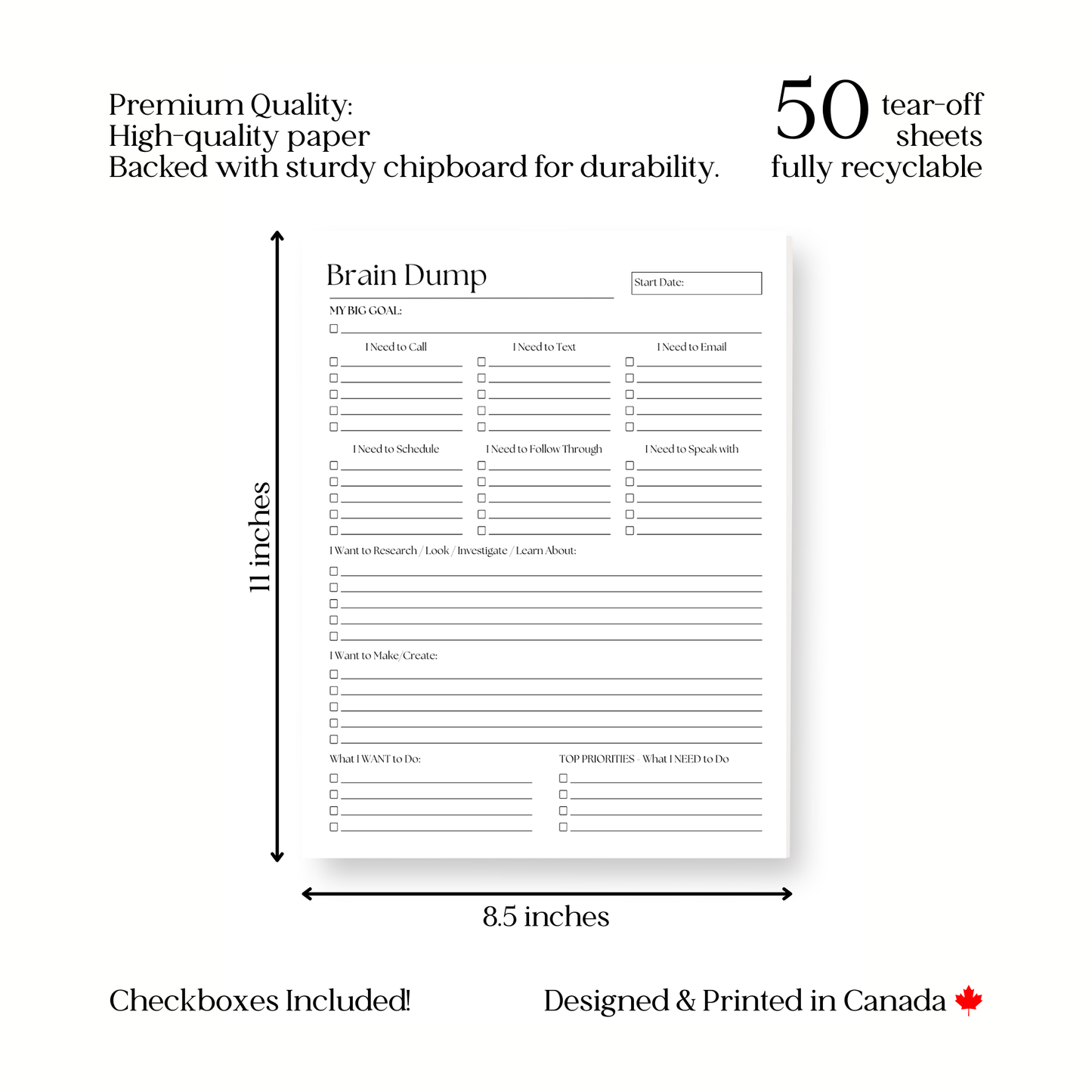 Large Brain Dump Planner Notepad in B&W
