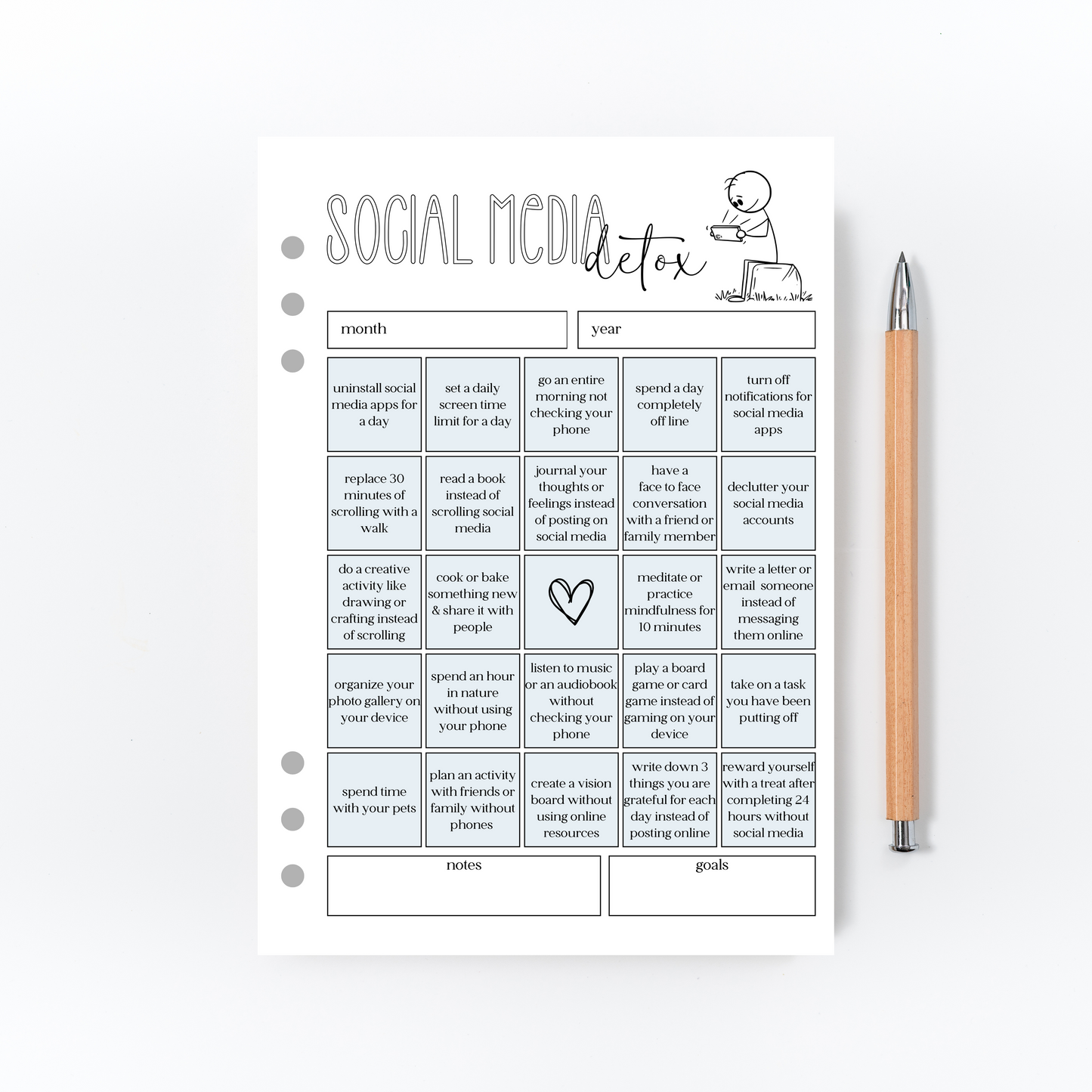 Social Media Detox BINGO for Bullet Journal