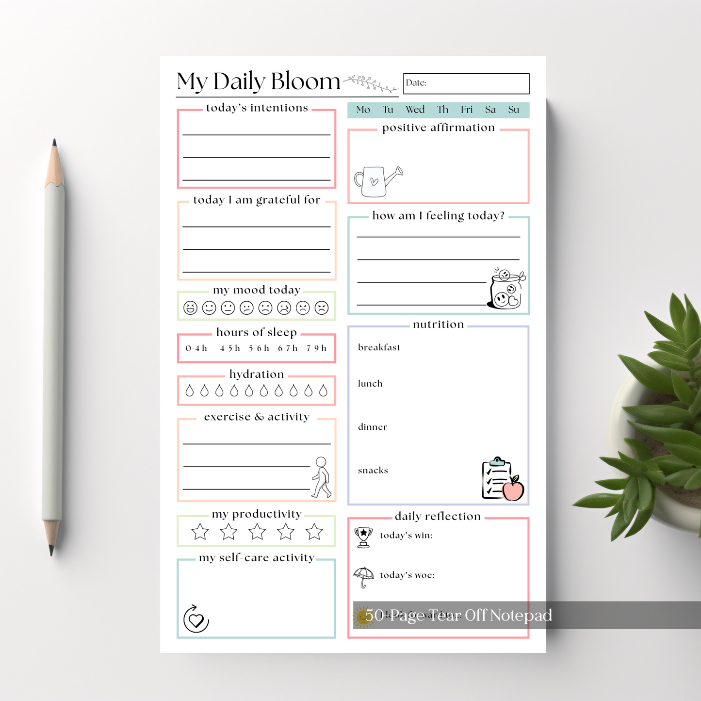 My Daily Bloom Self-Care Planner Notepad: 50 Page Tear Off Style Notepad