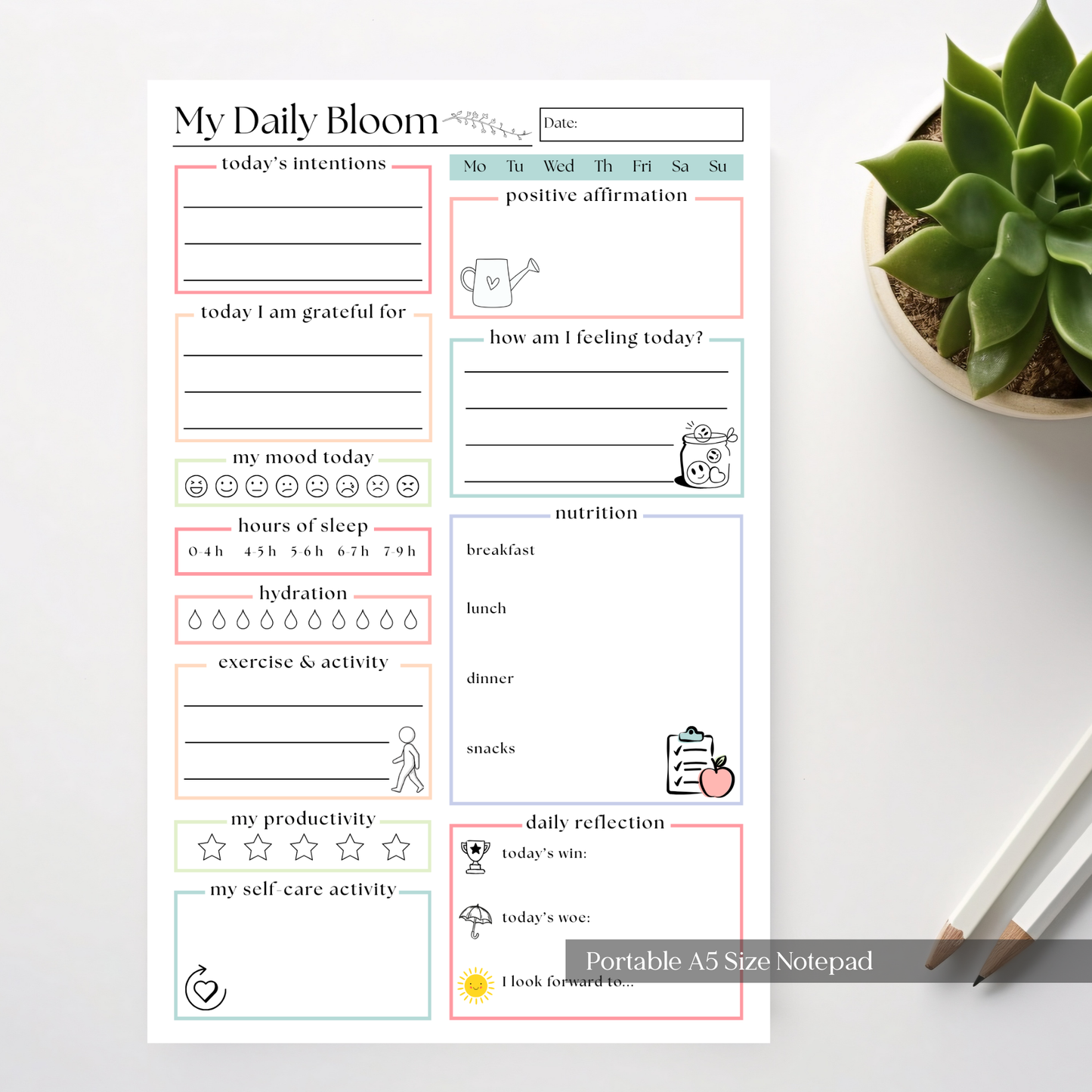 My Daily Bloom Self-Care Planner Notepad: 50 Page Tear Off Style Notepad