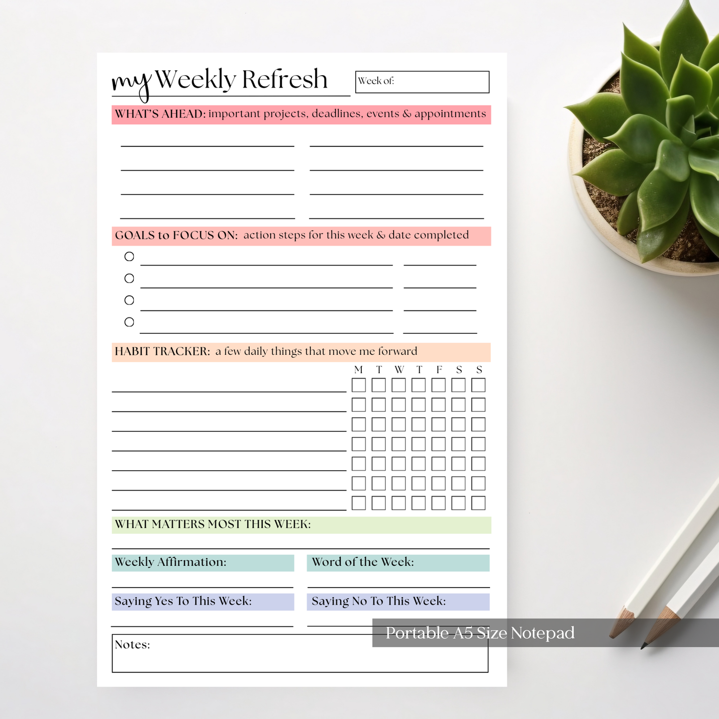 My Weekly Refresh Self-Care Planner Notepad: Portable Size, 50 Page Tear Off Style