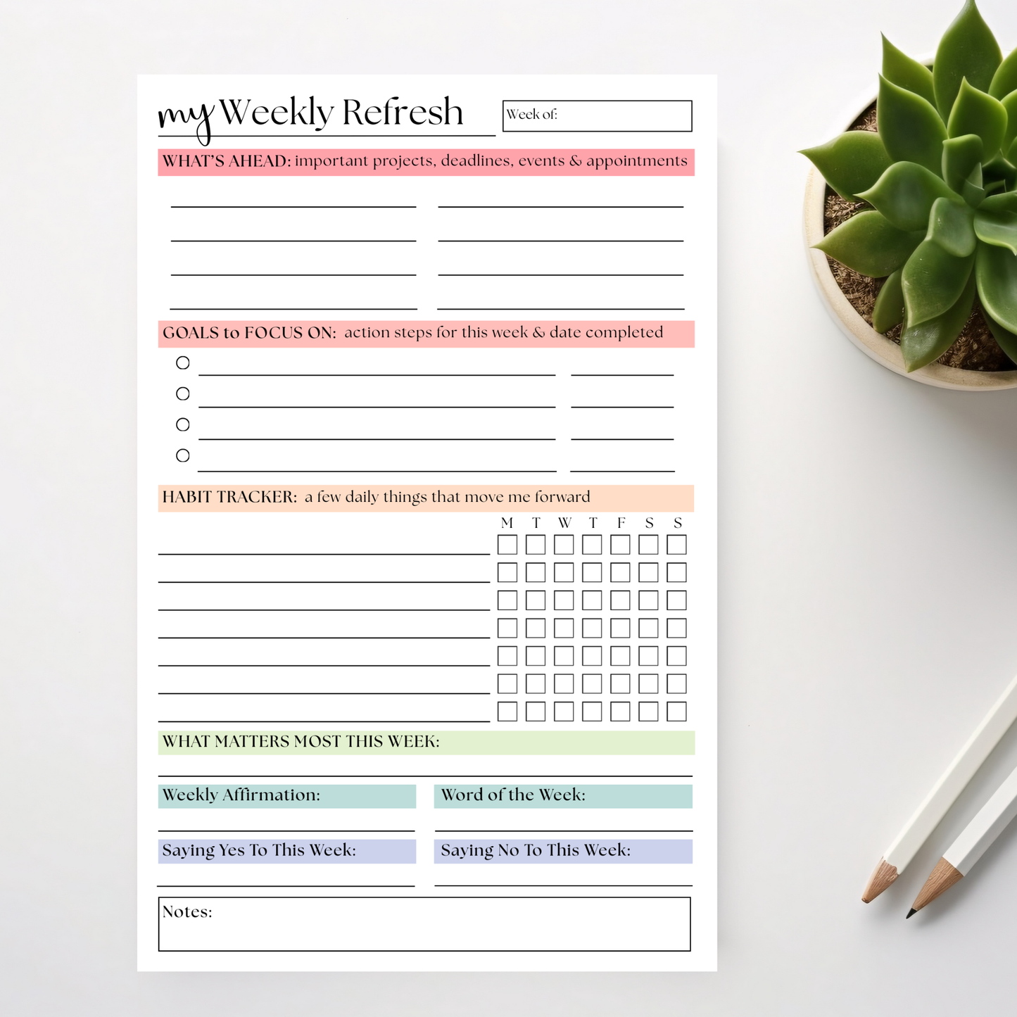 My Weekly Refresh Self-Care Planner Notepad: Portable Size, 50 Page Tear Off Style