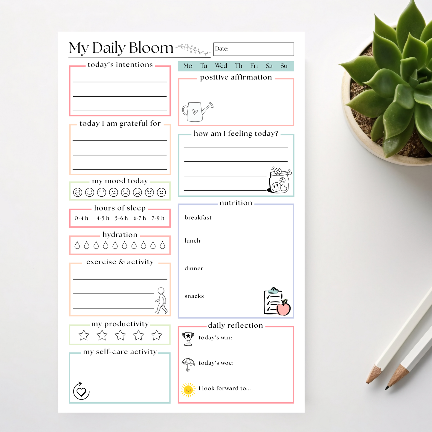 My Daily Bloom Self-Care Planner Notepad: 50 Page Tear Off Style Notepad