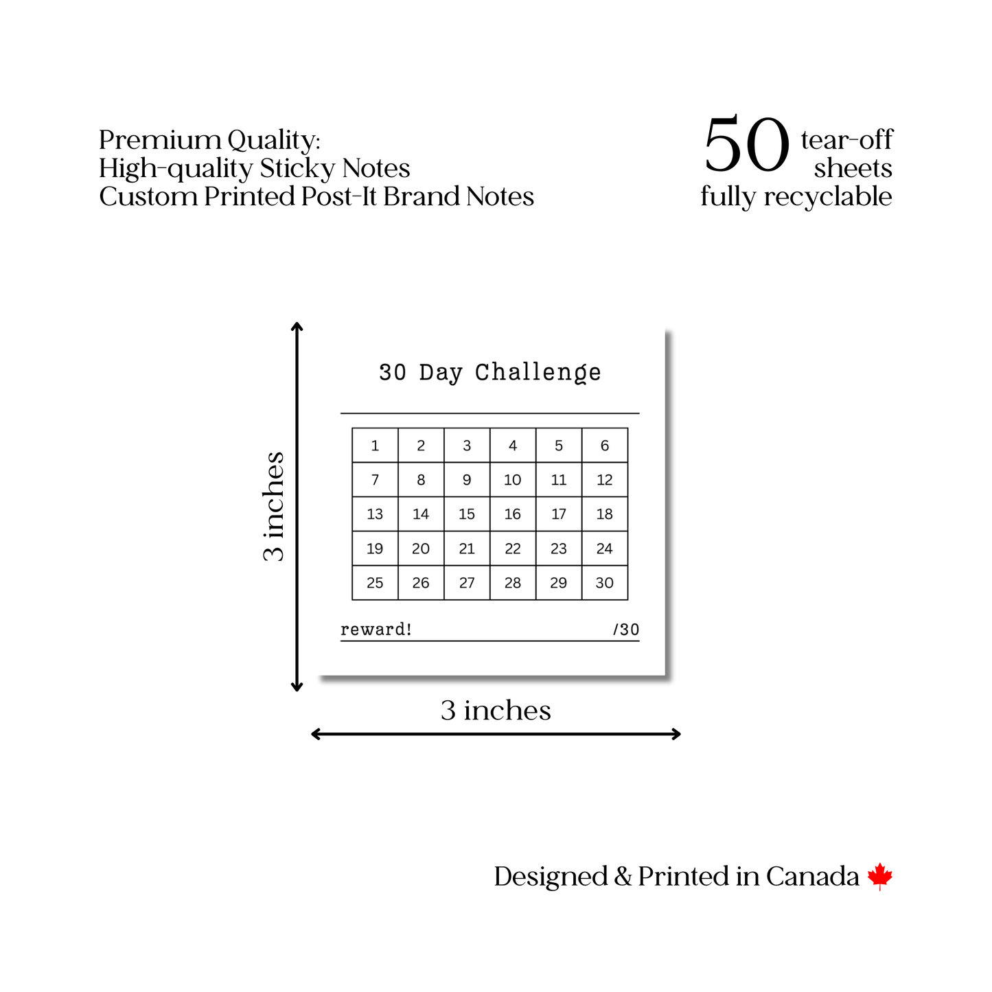 30-Day Challenge Tracker: 50 Sheet Post-It Note Notepad