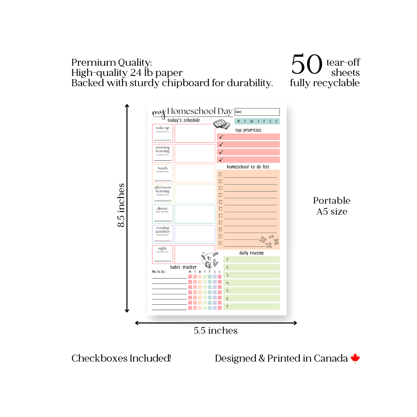 Homeschool Schedule and Daily Planner 50 Page Notepad