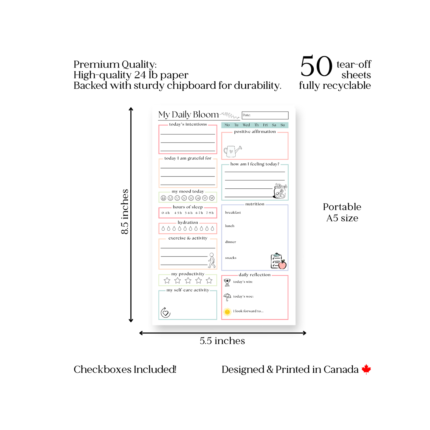 My Daily Bloom Self-Care Planner Notepad: 50 Page Tear Off Style Notepad