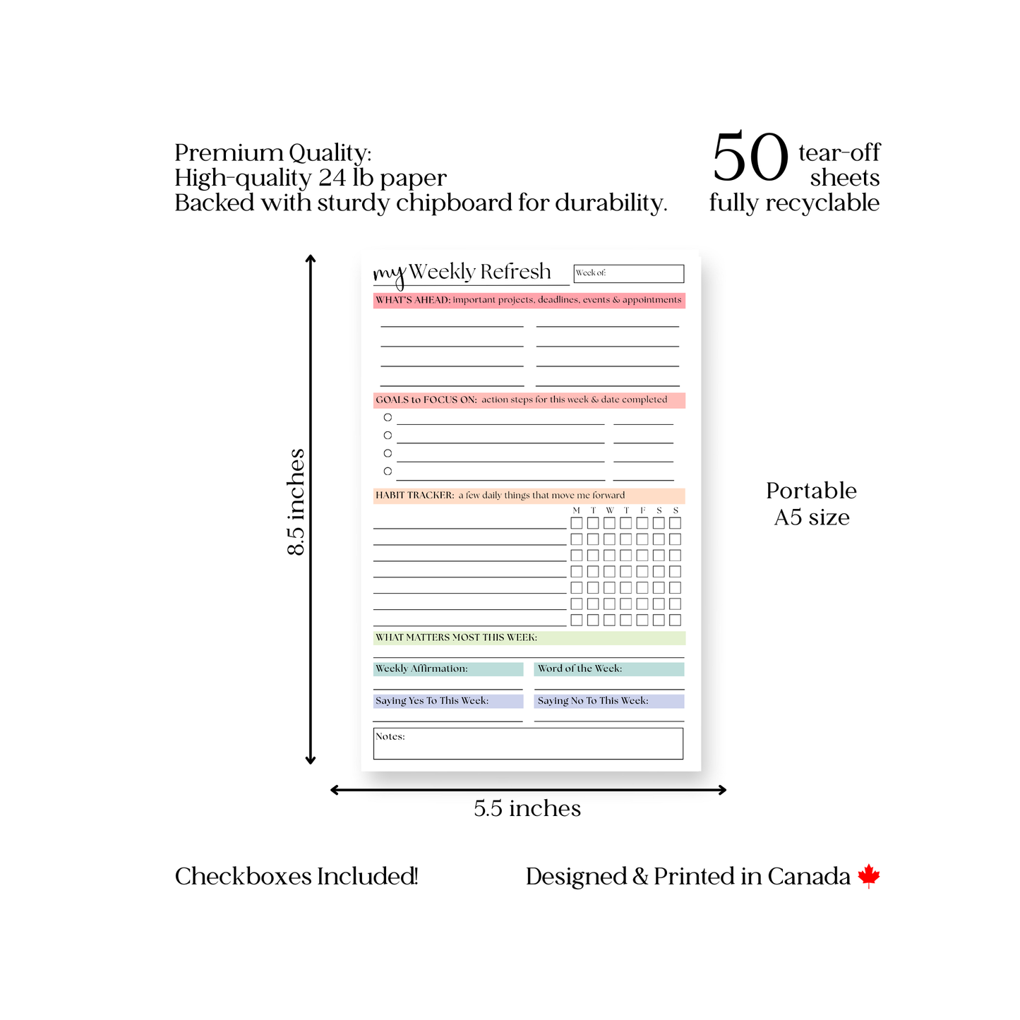My Weekly Refresh Self-Care Planner Notepad: Portable Size, 50 Page Tear Off Style